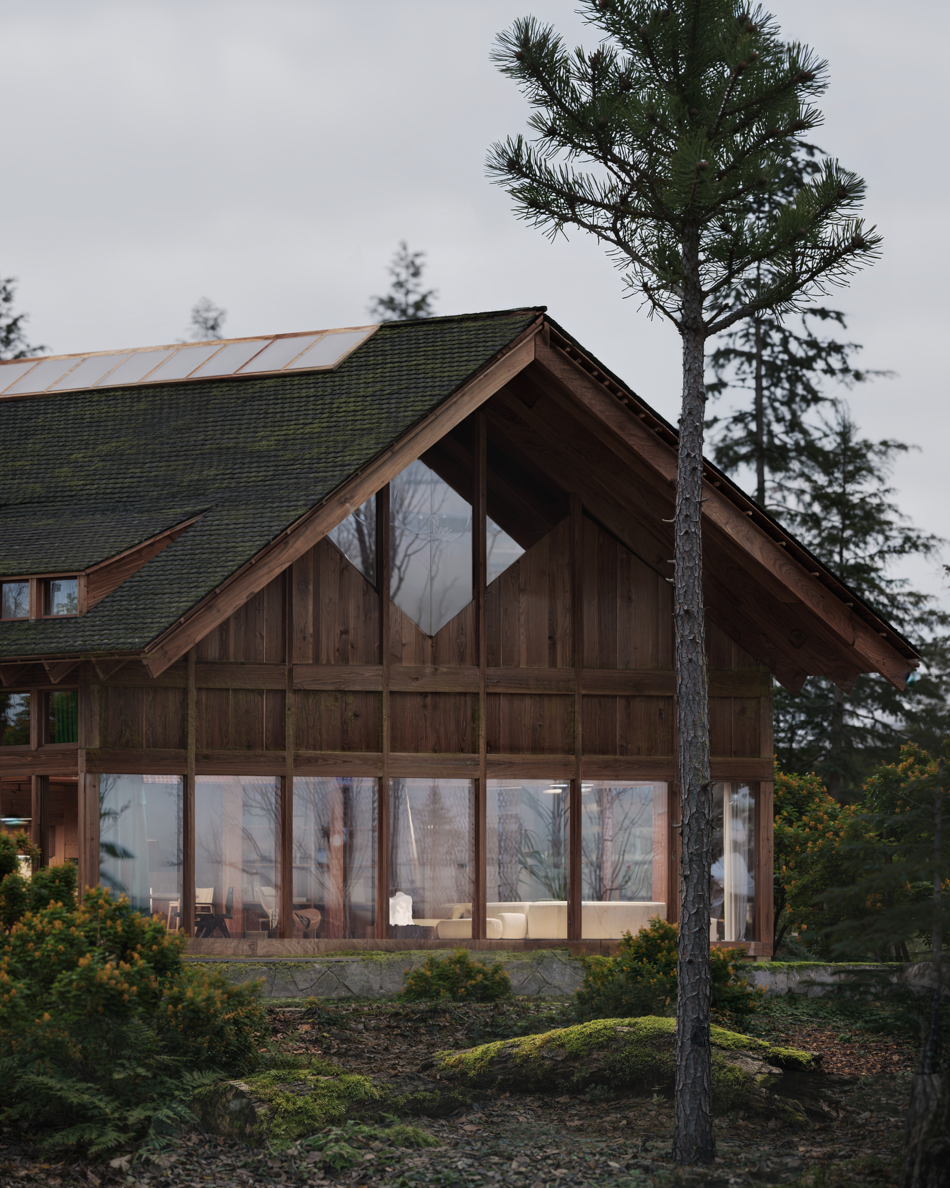Casa de madera de gran cubierta inclinada entre pinos