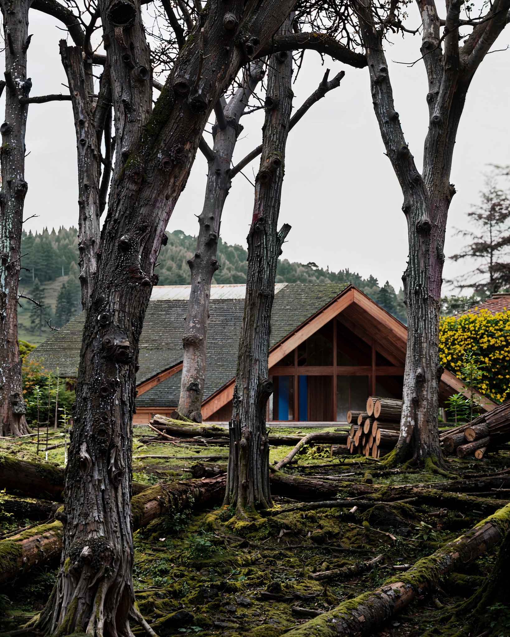 Casa de madera vista a través de un bosque húmedo
