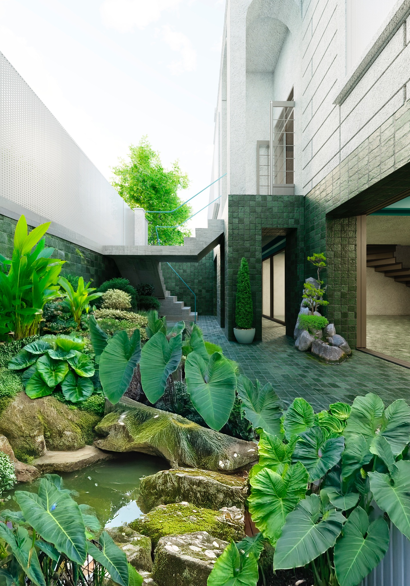 Patio verde de la Casa Tronador con escalera exterior