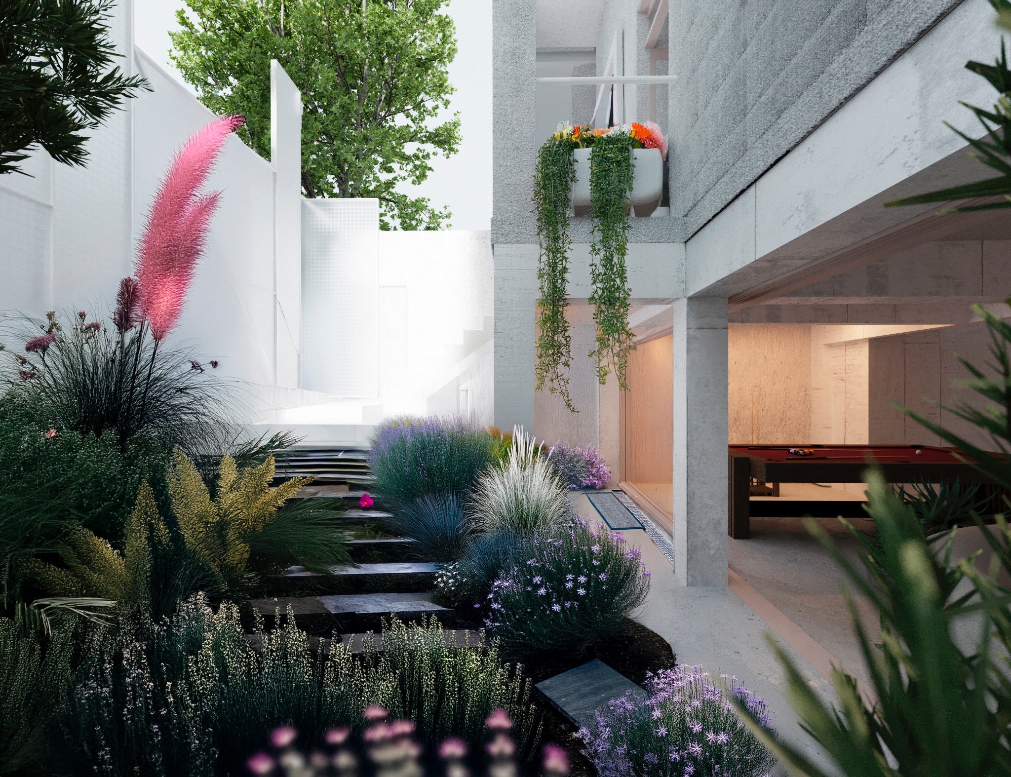 Jardín floral junto a la sala de juegos