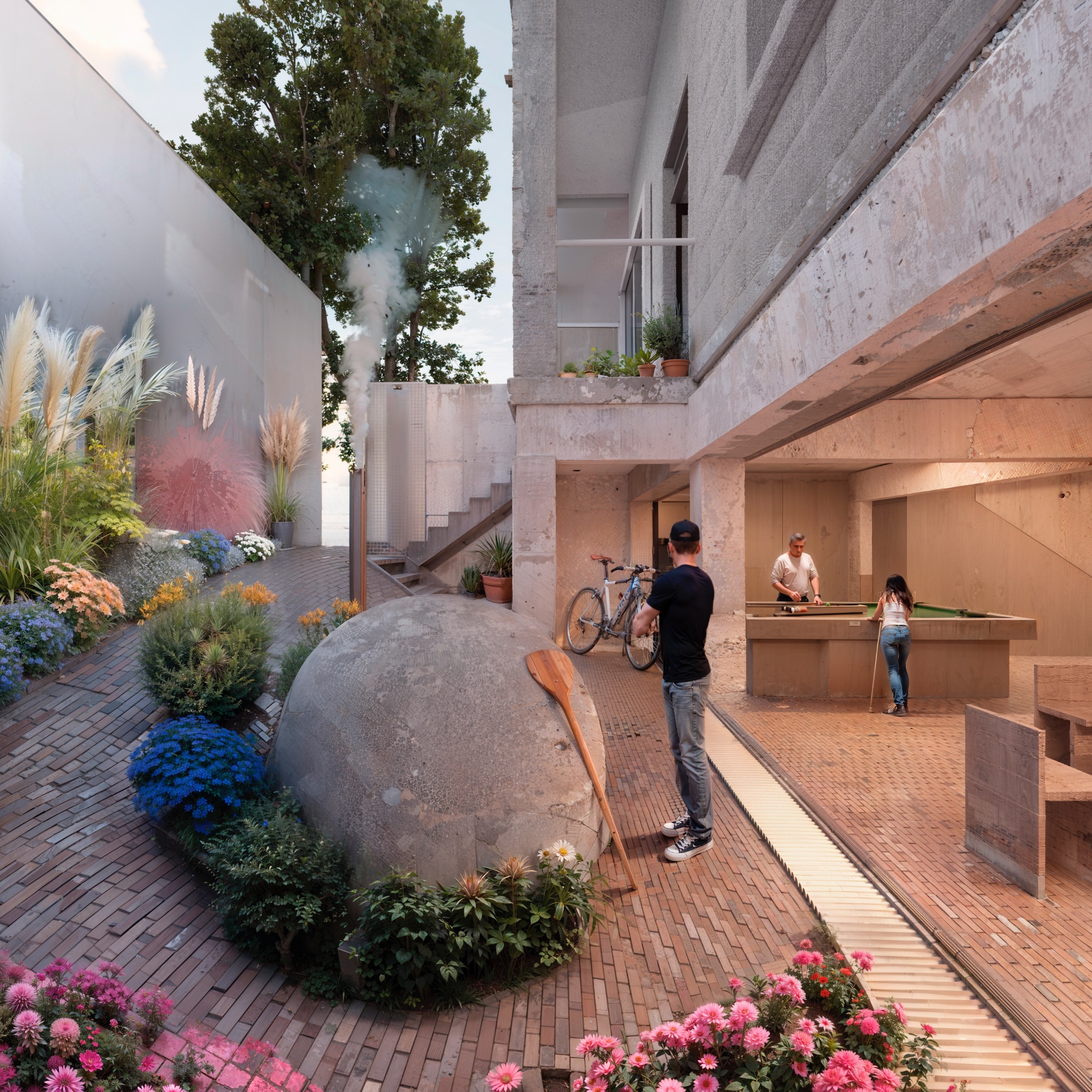 Patio social con jardín y mesa de billar